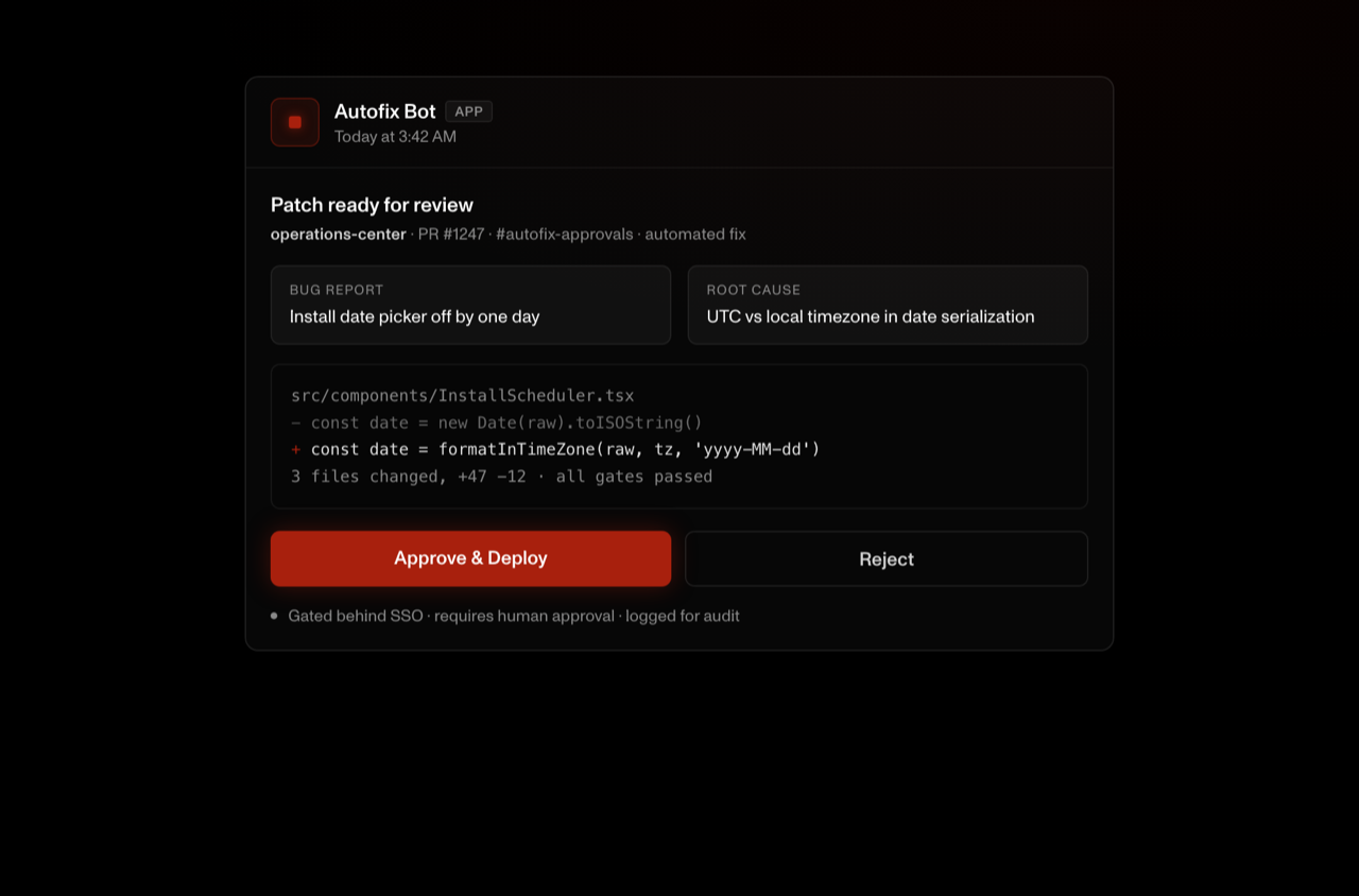 The Slack approval card the loop posts after every gate passes, showing the diff and an Approve and Deploy button beside Reject.